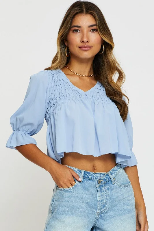 Best Bargains Blue Crop Blouse Short Sleeve Round Neck
