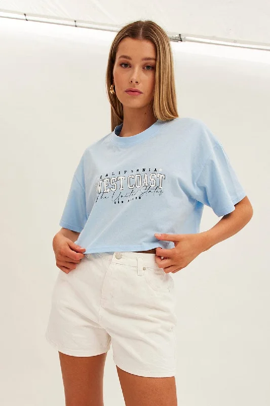 Now or Never Blue Graphic T-Shirt Crop West Coast Crew Short Sleeve