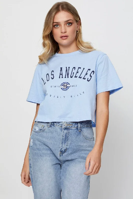 New Markdowns Blue Graphic T Shirt Short Sleeve Crop