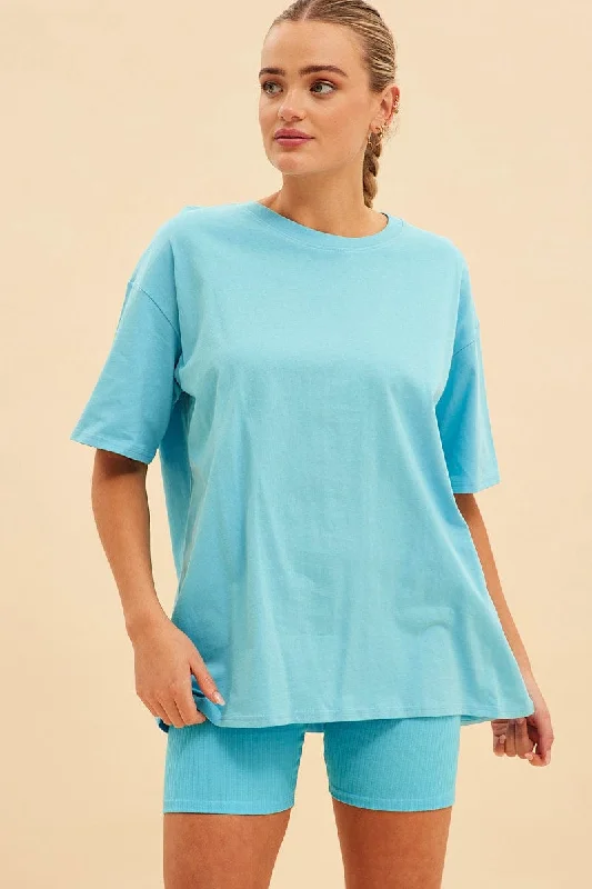 Price Drop Blue Jamie Cotton Jersey Crew Neck Oversized T-Shirt
