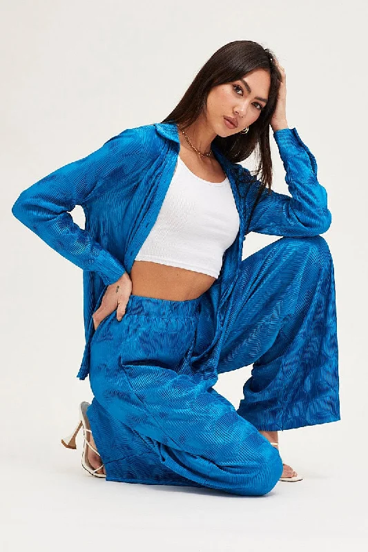 Exclusive Online Offer Blue Long Sleeve Plisse Shirt