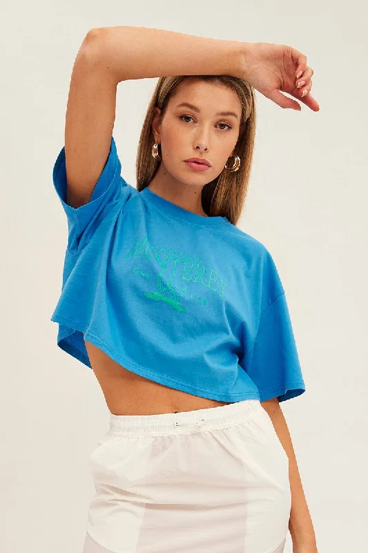 Bonus Savings Blue Monterey Crew Short Sleeve Crop Graphic T-Shirt