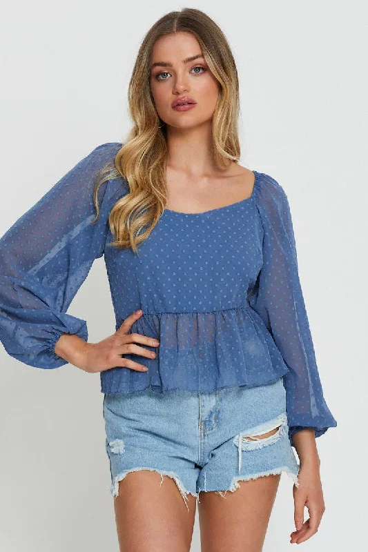 Great Bargains Blue Peplum Top Long Sleeve