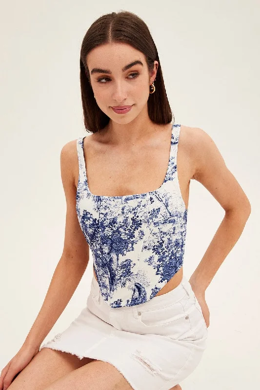 Act Now Blue Print Corset Top Sleeveless Square Neck Crop