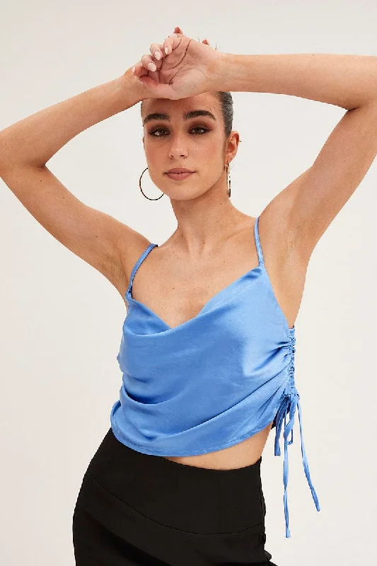 Bargain Bin Blue Ruched Cami Top Sleeveless Cowl Neck