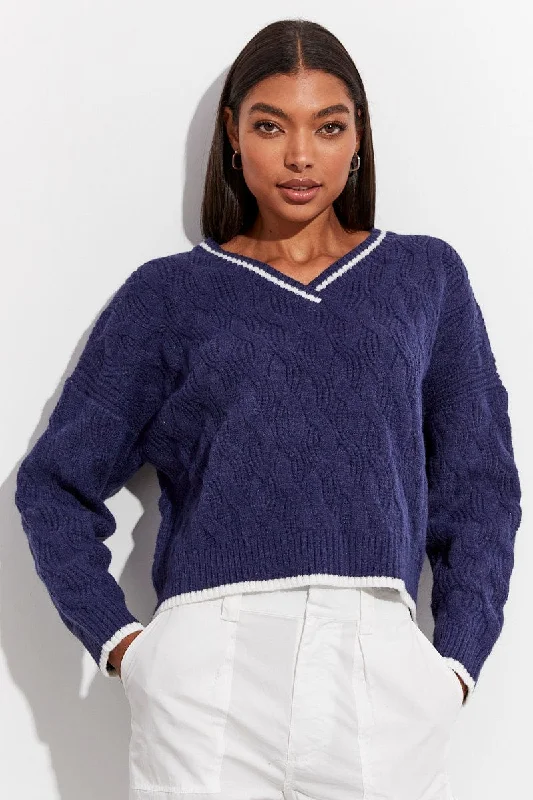 New Deals Blue Sweater Long sleeve V neck