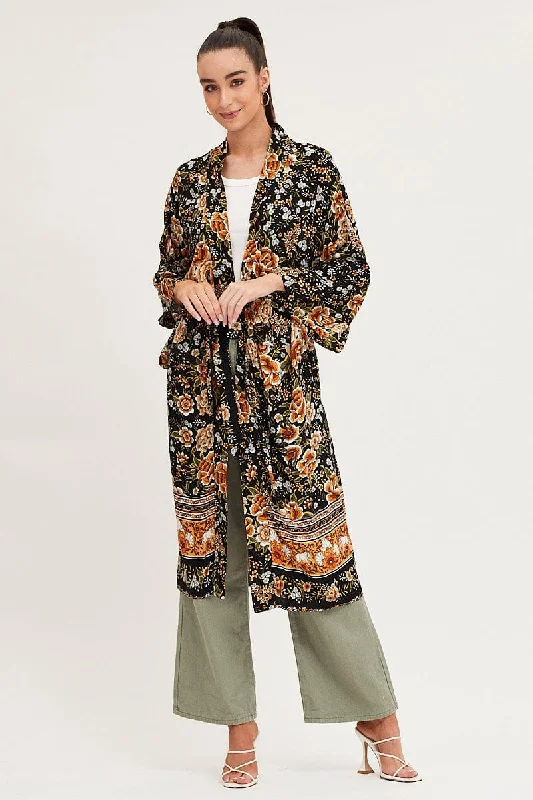 Midnight Madness Boho Print Long Sleeve Longline Kimono