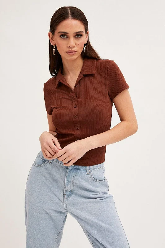 Buy Now Brown Collared Top Short Sleeve Button Up Rib Jersey