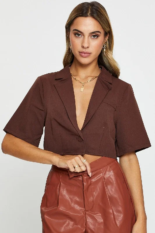 Savings Bonanza Brown Crop Shirts Short Sleeve Collared