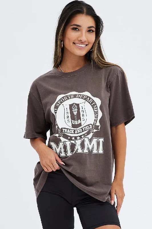 Weekend Deal Brown T Shirt Short Sleeve Round Neck Miami