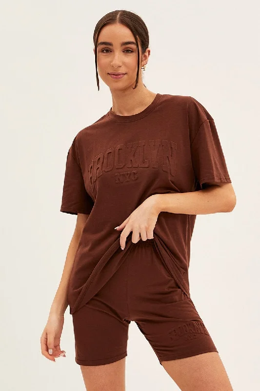 Buy More, Save More Brown Textured Tee And Biker Shorts Set