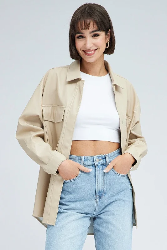 Best Seller Camel Shirt Collar Long Sleeve Faux Leather