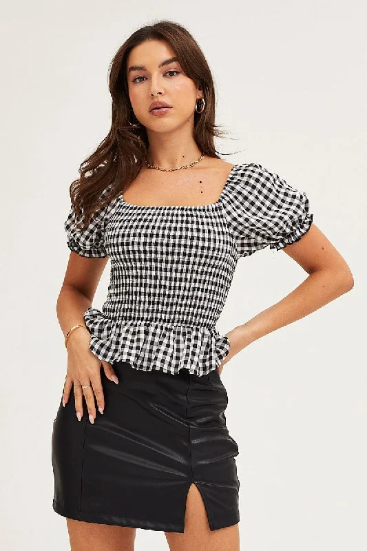 Don’t Miss Out Check Gingham Puff Sleeve Shirred Top
