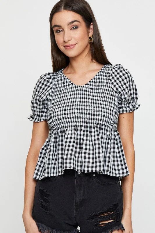 Super Savings Check Puff Sleeve Top Short Sleeve