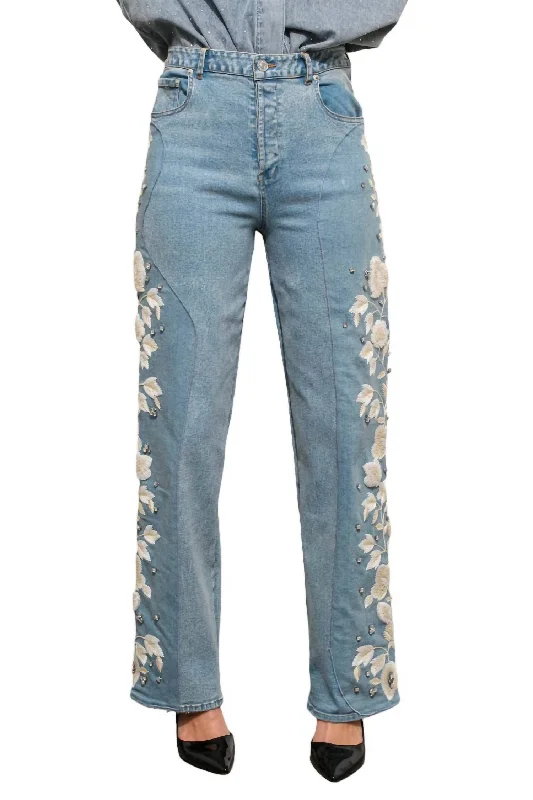 Price Reduction Floral Embellished Denim Jeans In Blue