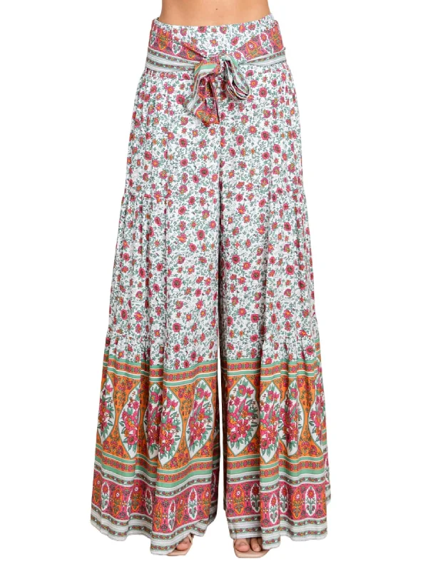 Price Slash Floral Print Palazzo Wide Leg Pants In Off White
