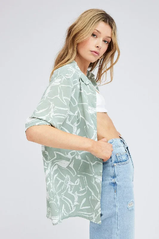 Instant Discount Green Abstract Shirt Short Sleeve