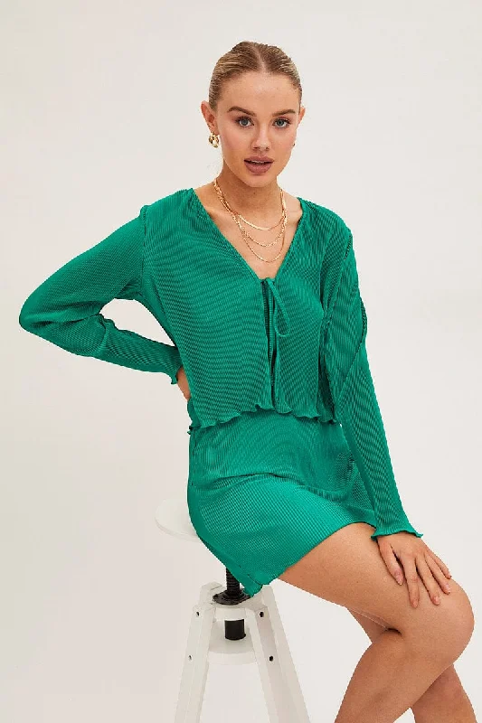Deal Zone Green Bolero Long Sleeve Tie Front Plisse Satin