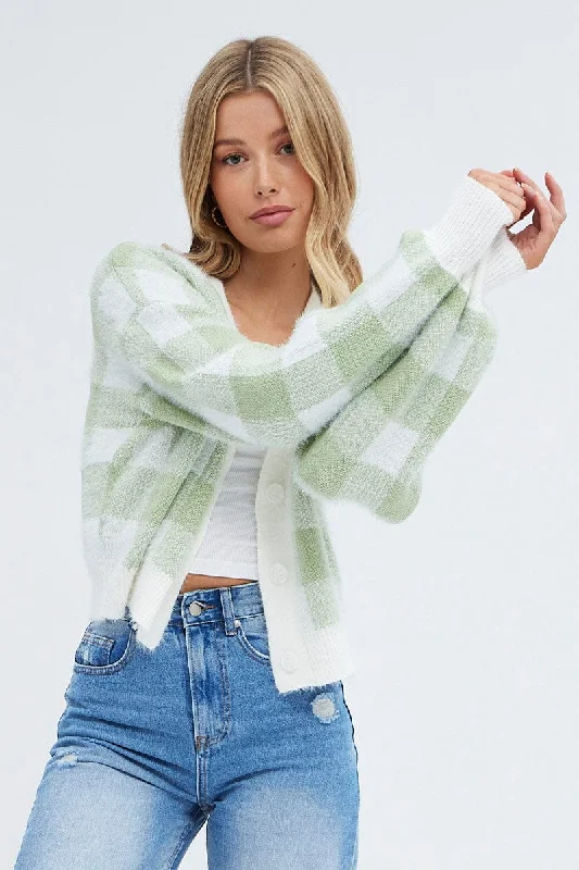Massive Deals Green Check Crop Knit Cardigan Check