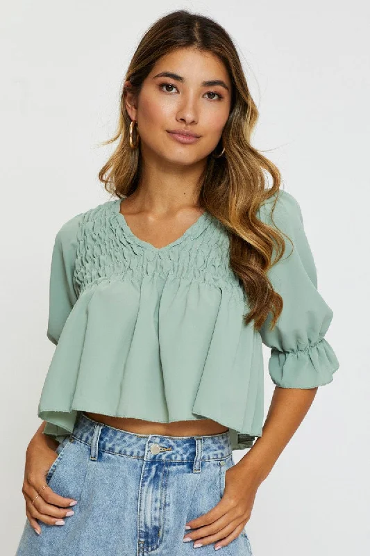 Price Cut Green Crop Blouse Short Sleeve Round Neck