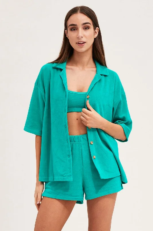 Special Buy Green Lounge Top Short Sleeve Oversized Terry