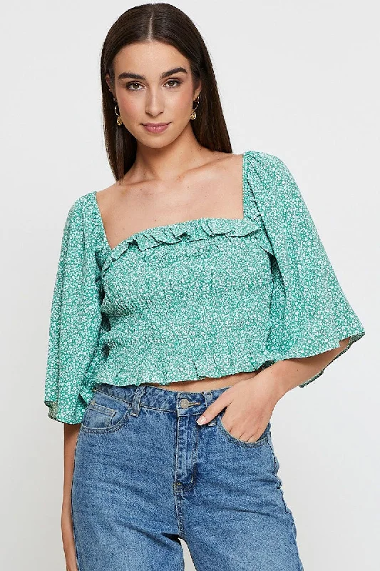 Today Only Green Print Crop Top Short Sleeve Crop Square Neck