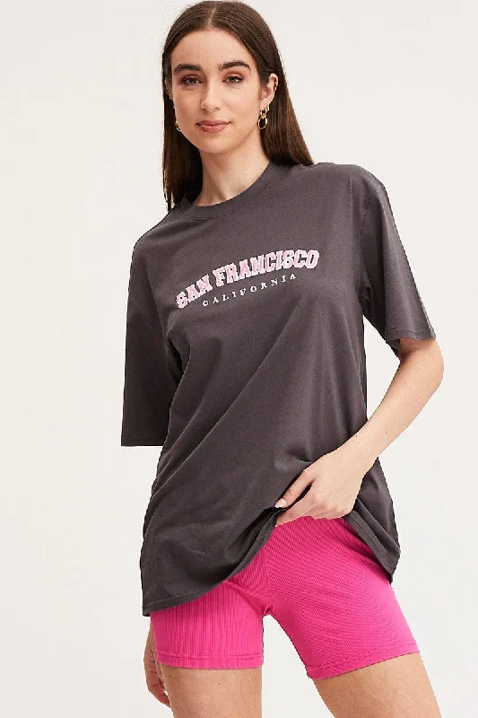 Limited Time Offer Grey Graphic T Shirt Short Sleeve Embroided