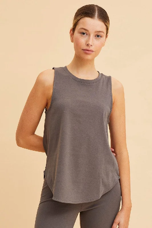 Price Break Grey Sleeveless Tank Cotton Crew Neck Curved Hem