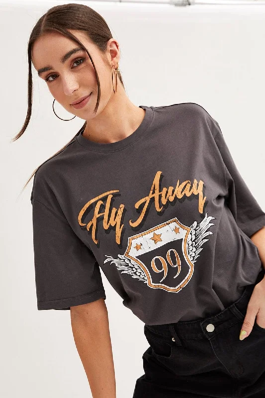 Clearance Event Grey T Shirt Short Sleeve Crew Neck Fly Away Cotton
