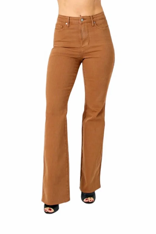 New Markdowns High Waist Garment Dyed Tummy Control Flare Jeans In Brown