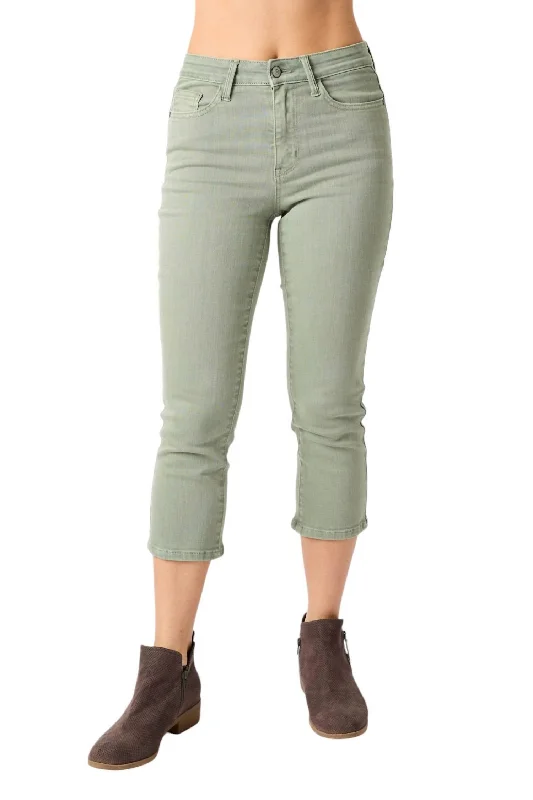 Major Savings Mid Rise Garment Dyed Capri Denim In Olive