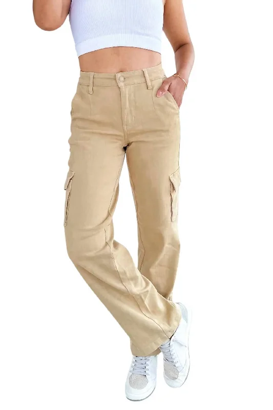 Lowest Prices Mid Rise Garment Dyed Cargo Straight Jeans In Khaki