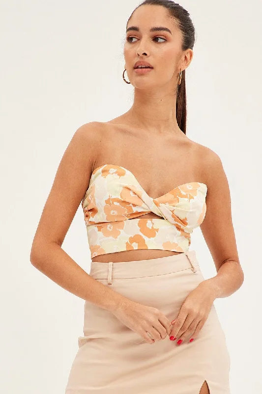 Bargain Prices Orange Floral Twist Crop Top Bandeau Floral Print