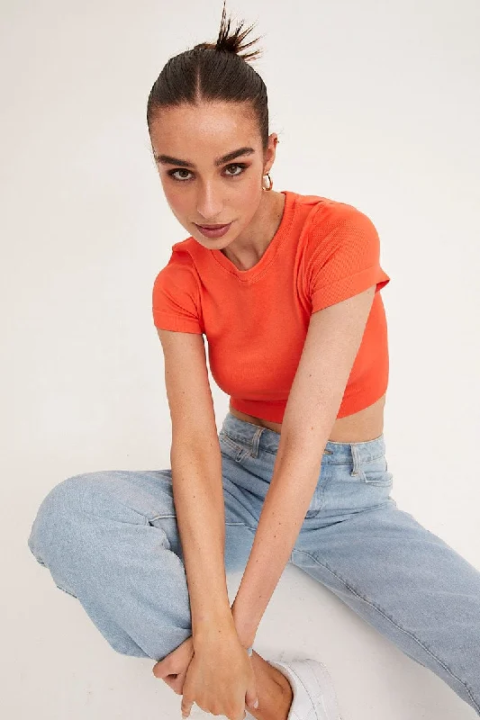 Holiday Sale Orange T Shirt Short Sleeve Crew Neck Seamless
