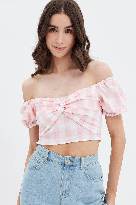 Big Discounts Pink Check Gingham Twist Front Crop Top