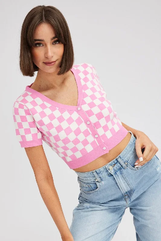Get It Before It’s Gone Pink Check Knit Cardigan Short sleeve
