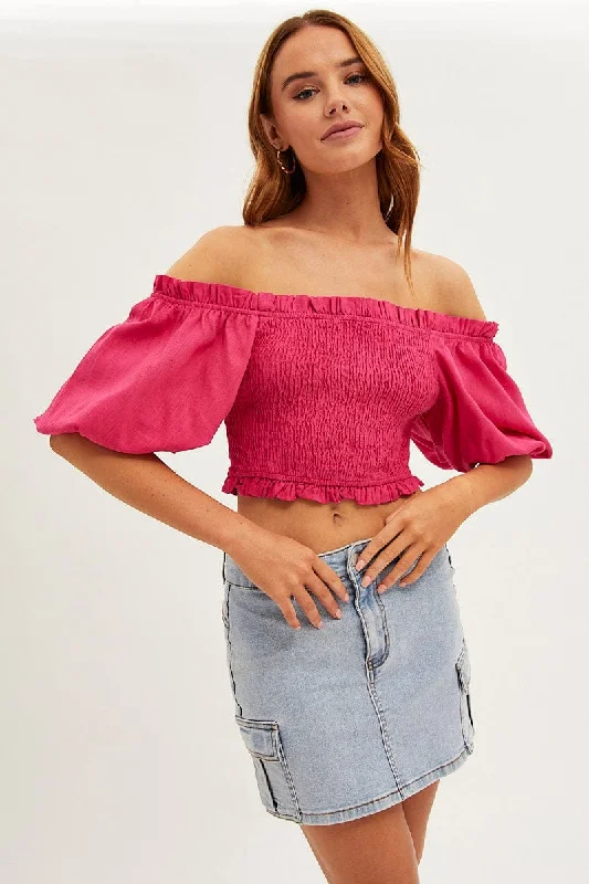 Super Sale Pink Shirred Top Volume Short Sleeve Crop Linen Blend