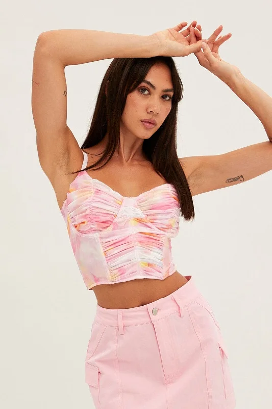 Mega Sale Print Abstract Print Crop Cami Sleeveless Sweetheart Corset Mesh
