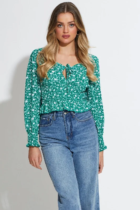 Price Cut Print Peplum Top Long Sleeve
