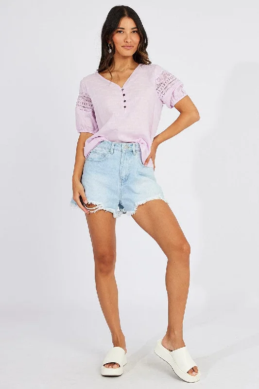 Seasonal Sale Purple Top lace details sleeve texture cotton