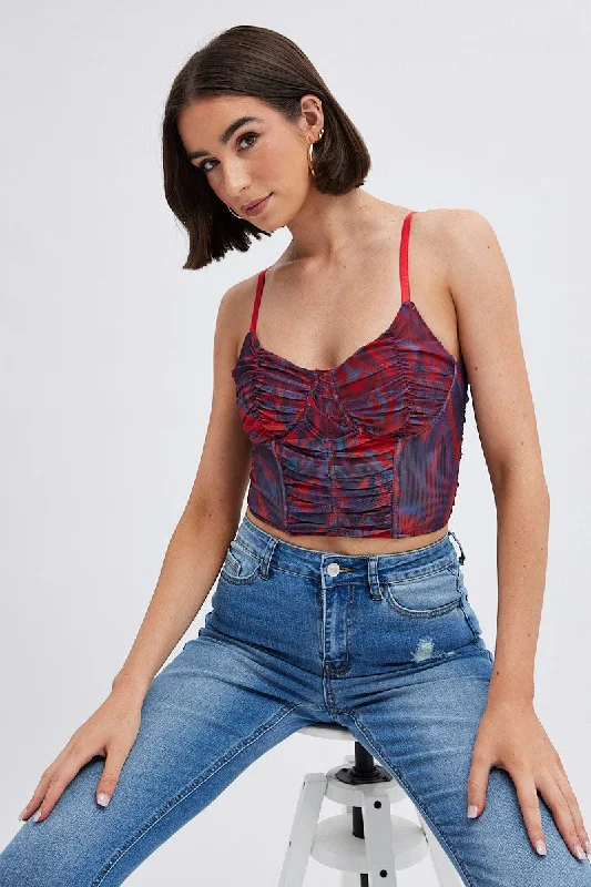Special Discount Red Abstract Short Top Sleeveless Abstract Prints
