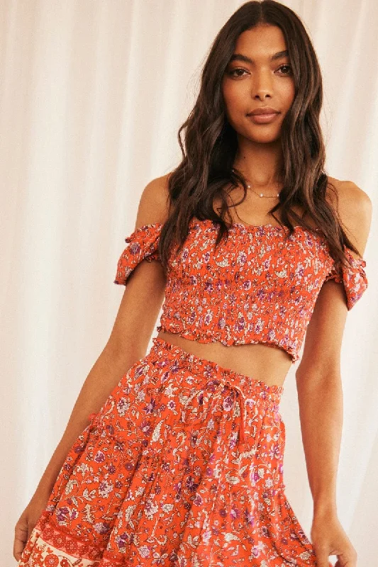 New Markdowns Red Boho Crop Top Short Sleeve Square Neck Shirred