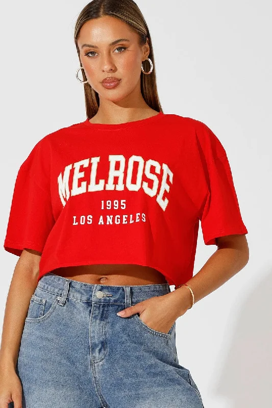 Savings Alert Red Graphic Tee Crop Melrose Slogan t-shirt