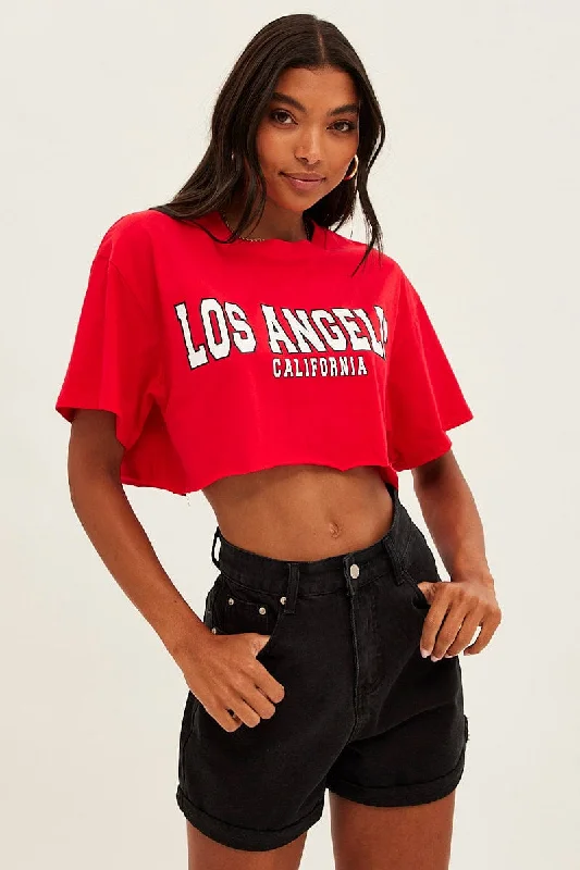 Best Bargains Red Los Angeles Crop Tee Short Sleeve Crew Neck