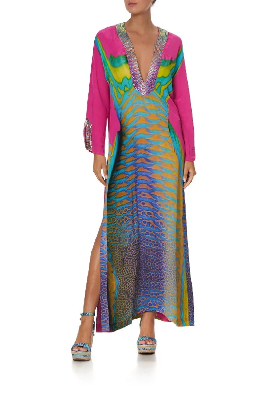 Buy More, Save More V NECK LONG DRESS WITH SIDE SPLIT PARROT