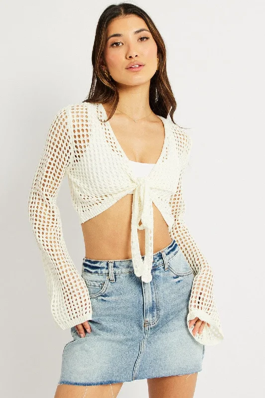 Act Now White Crochet Tie Up Cardigan