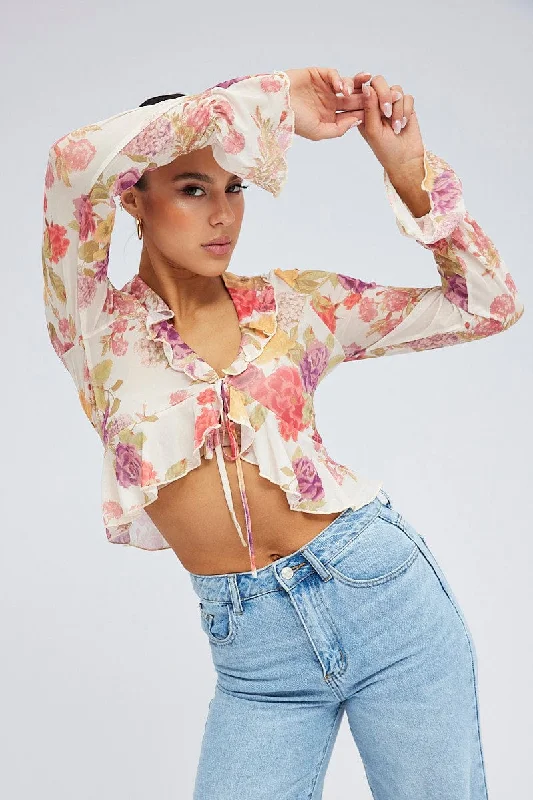 Fantastic Offers White Floral Bolero Long Sleeve V Neck