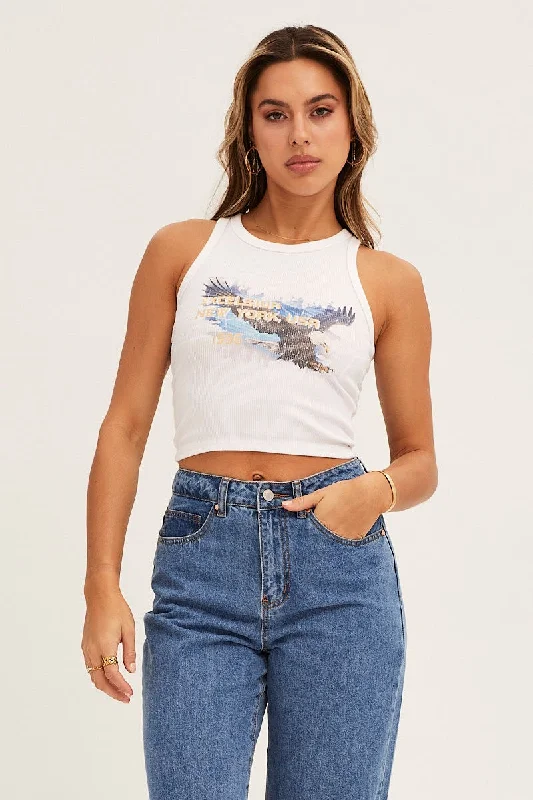 Anniversary Sale White Graphic Tank Sleeveless Crop Rib Jersey