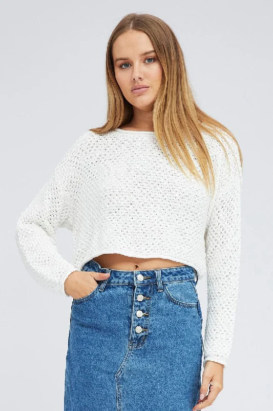 Amazing Deals White Knit Top Long Sleeve Crew Neck