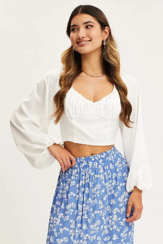 Can't Miss White Puff Sleeve Top Long Sleeve Crop Satin